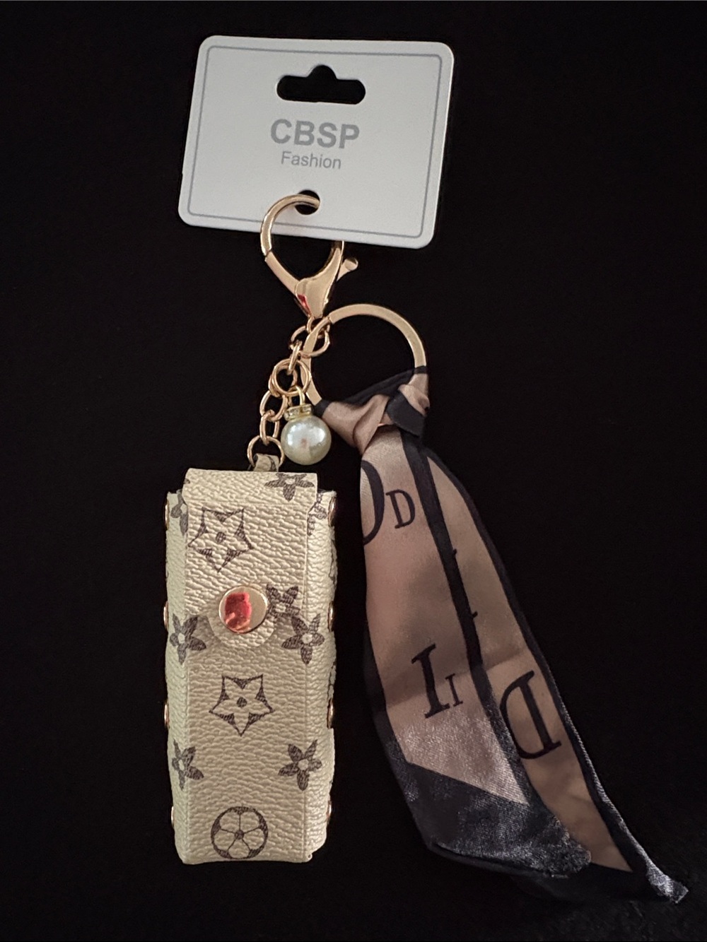 Gold-Tone Fashion Monogram Printed Keychain Bag Charm with Scarf and Pearl Charm